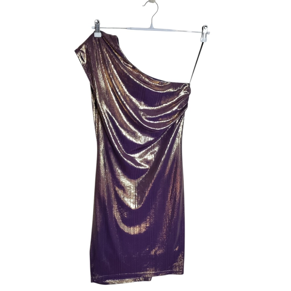 Grace Karin Womens One Shoulder Metallic Purple Gold Ruched Bodycon Mini Dress S